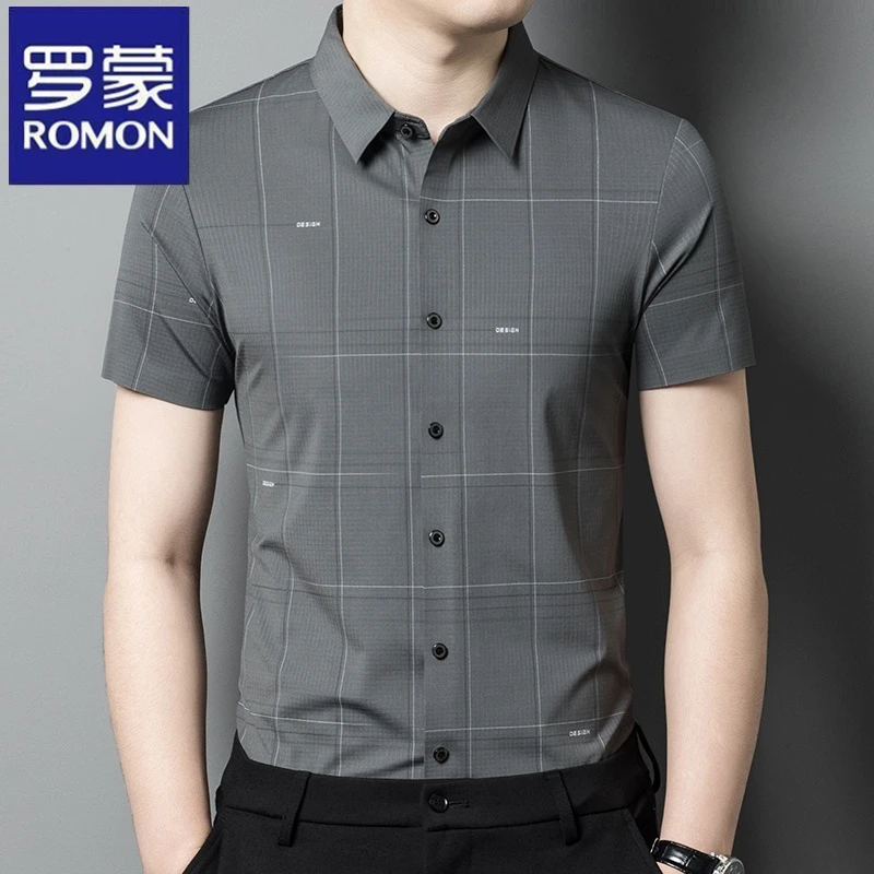 罗蒙夏季新款翻领男士休闲条纹短袖冰丝衬衫薄款半袖格子商务衬衣