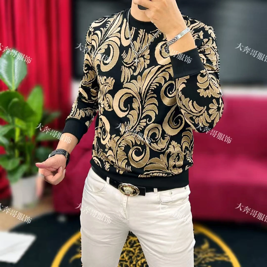 大奔哥-秋季新款男士长袖T恤时尚高弹休闲提花轻奢高品质潮流男装