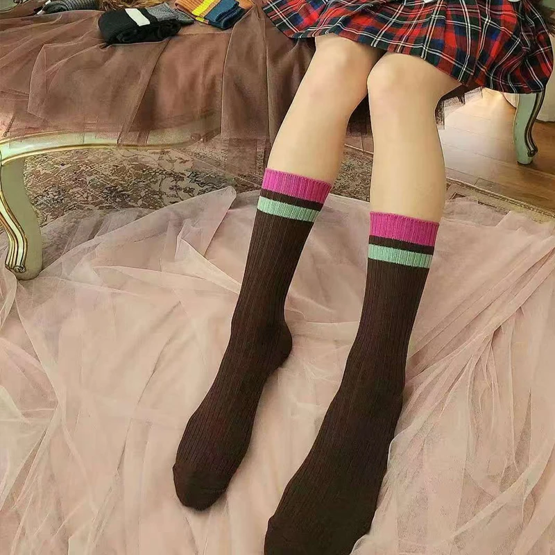 韩国袜子东大门Aileen艾琳堆堆袜女生复古风撞色宽条纹长棉袜H765