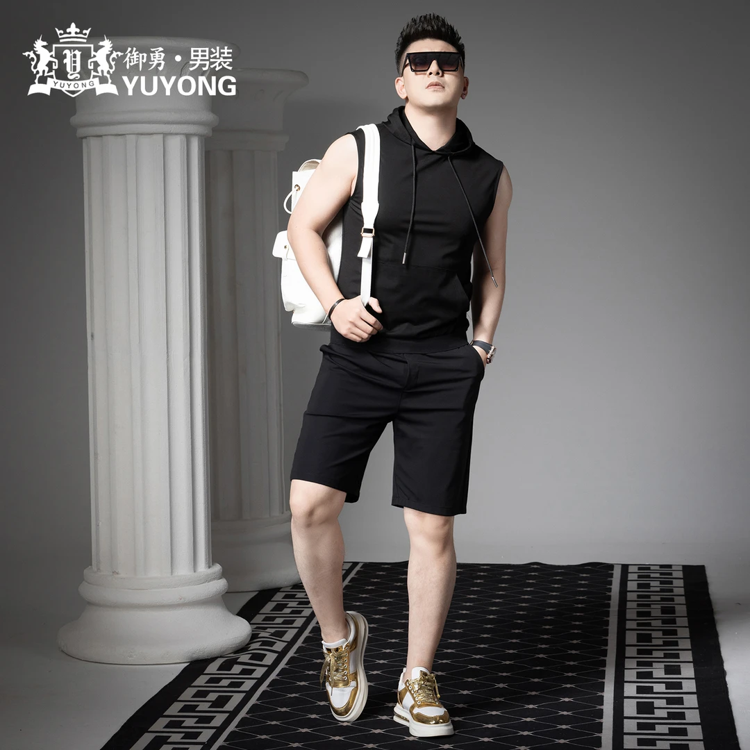 欧洲站2025夏季新款男士休闲运动套装潮流纯色连帽背心短裤两件套