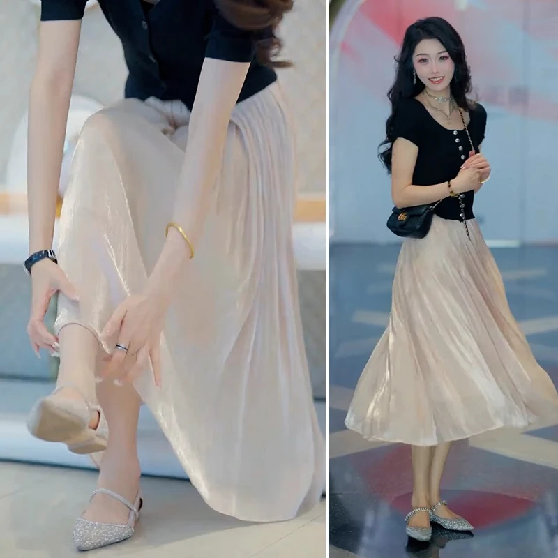 拉夏贝尔 醋酸半身裙女2025新款夏流光纱仙女气质垂坠感a字百褶裙