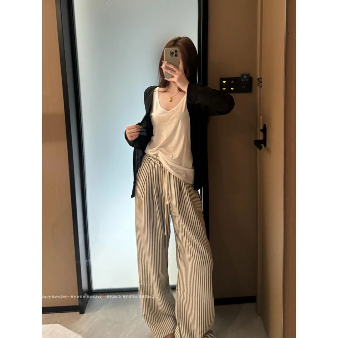 1005暴走高仙女175高个子加长版条纹阔腿裤女夏季背心+外套+裤子