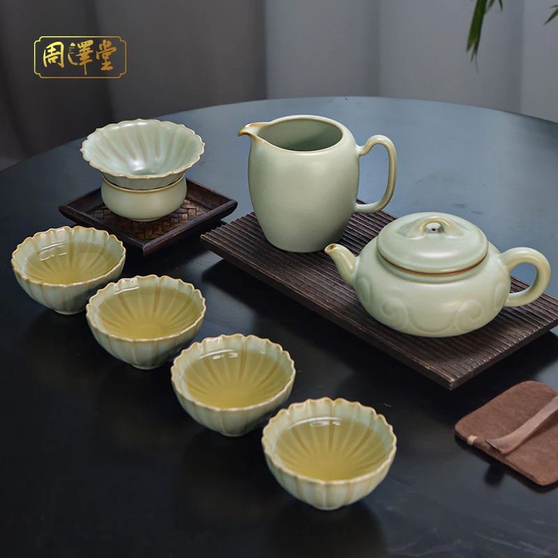 周泽堂汝窑高端茶具套装送礼景德镇手工礼品陶瓷汝瓷开片如意茶组