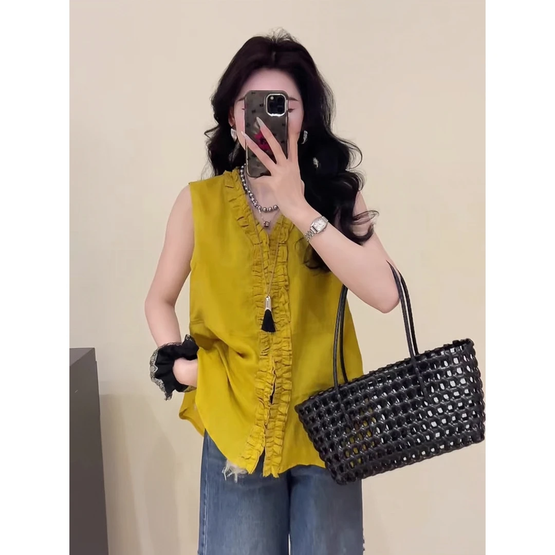 V领花边亚麻独特设计感衬衣女夏季薄款无袖法式宽松百搭小衫上衣