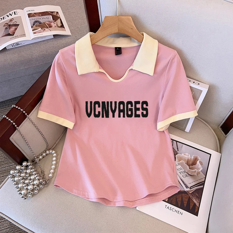 大码胖mm200斤韩版撞色字母印花V领polo衫女显瘦小众短袖t恤夏季