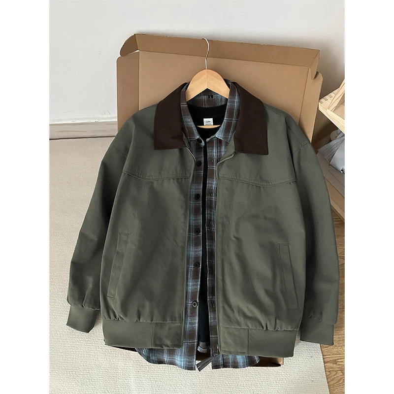 灰绿色哈灵顿短款外套男款春季美式复古翻领棒球服底特律工装夹克