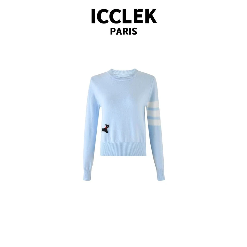ICCLEK 蓝色圆领小狗长袖针织衫 气质 轻奢 名媛 -5029