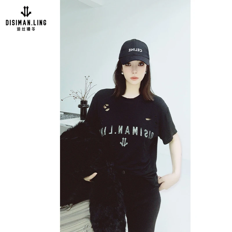 【迪丝嫚苓】黑色短款T恤秋冬圆领百搭气质小众宽松时尚休闲内搭