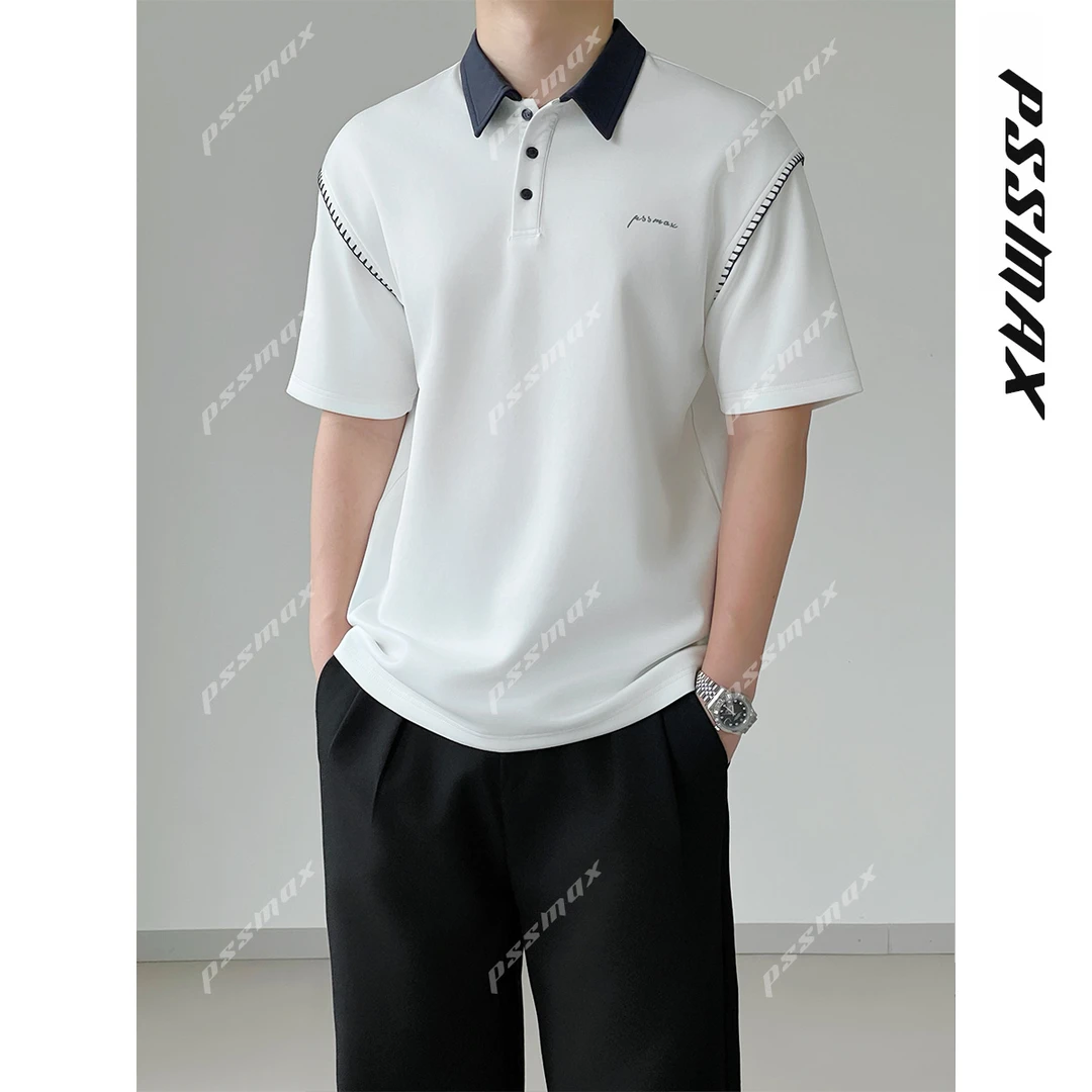 【现货】【 PSSMAX】胖俗俗【哈梭线拼接T】2025夏季休闲翻领短袖T恤