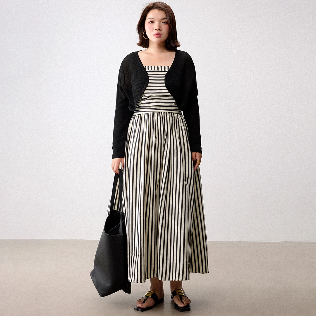 PLUSMALL 田纳西少女 撞色棉感条纹吊带裙开衫套装PLUS2504188