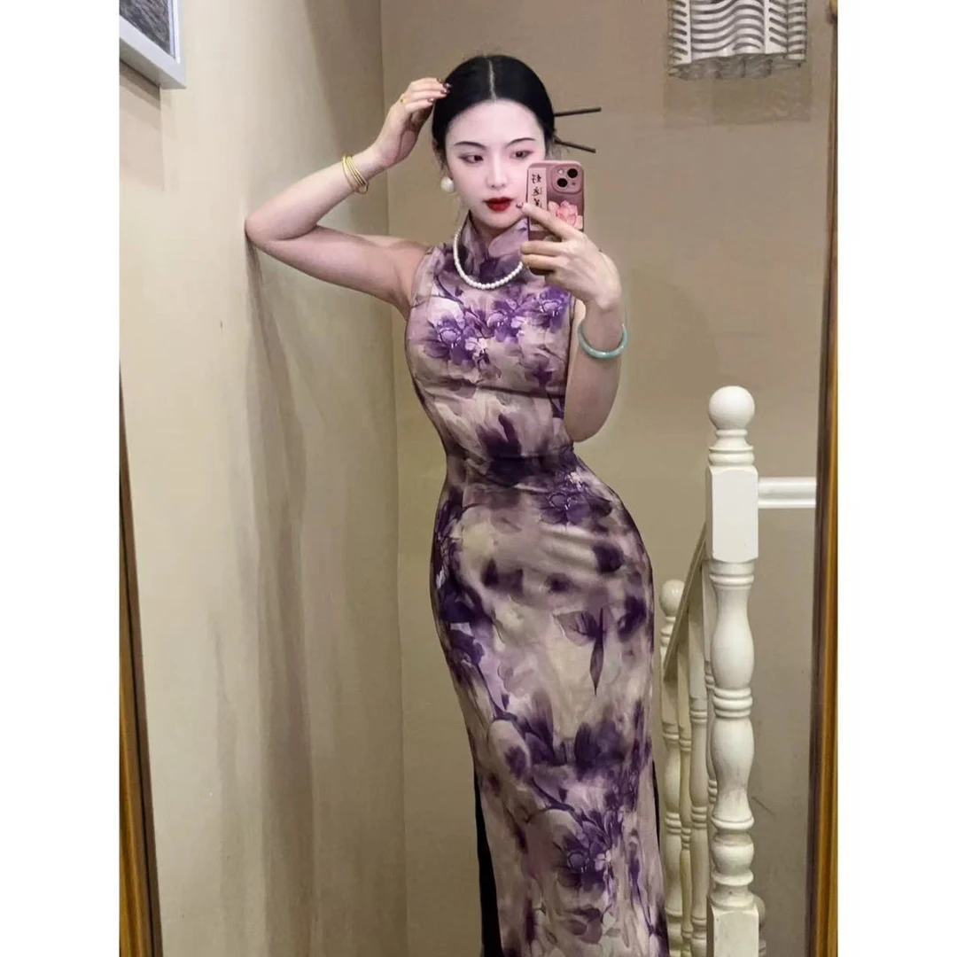 【C111经典】2025春夏新款紫色显白新中式港风旗袍裙女气质显瘦