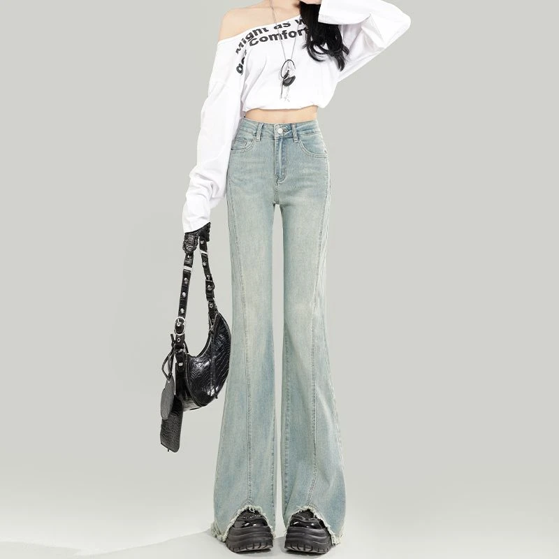 浅色微喇牛仔裤女2025年春季新款高腰修身显瘦马蹄裤毛边拖地裤
