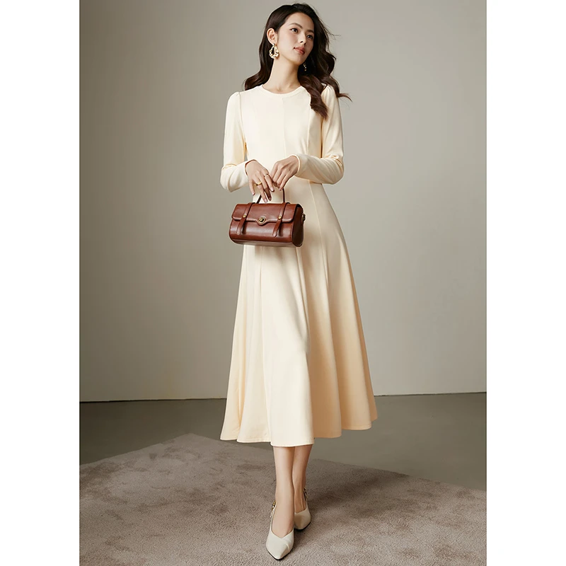 晚白【新品】2025春收腰长袖连衣裙24110507