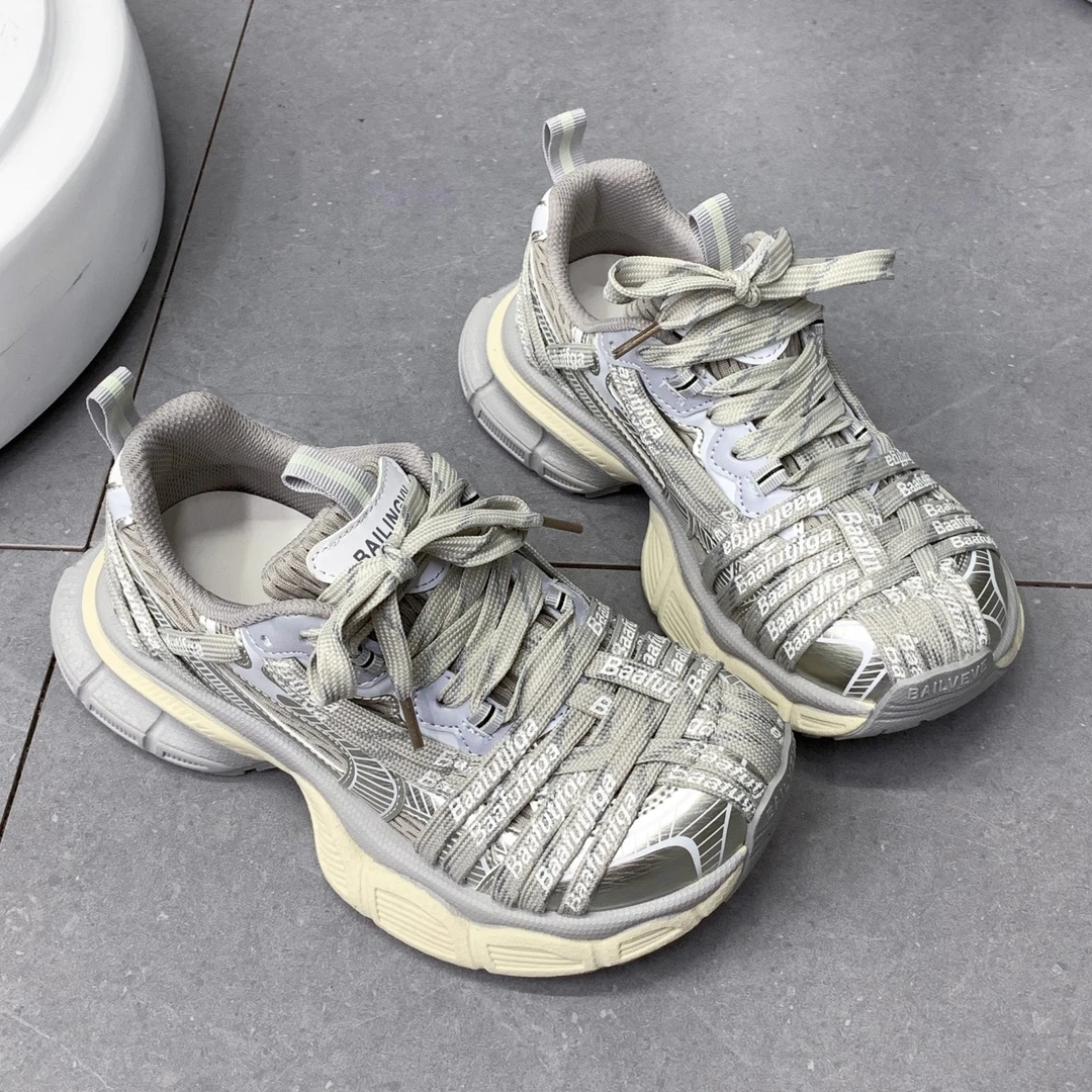 欧货时尚绑带松糕厚底老爹鞋女2025新款复古小个子增高休闲运动鞋