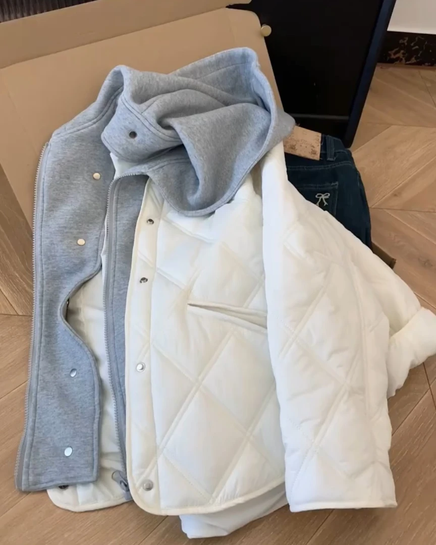 韩系假两件拼接菱格连帽棉服外套男女秋冬设计感宽松休闲百搭棉衣