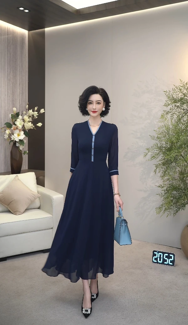 2025夏季新款高奢莱赛尔冰羽纱藏蓝色V领高雅气质连衣裙WF3199