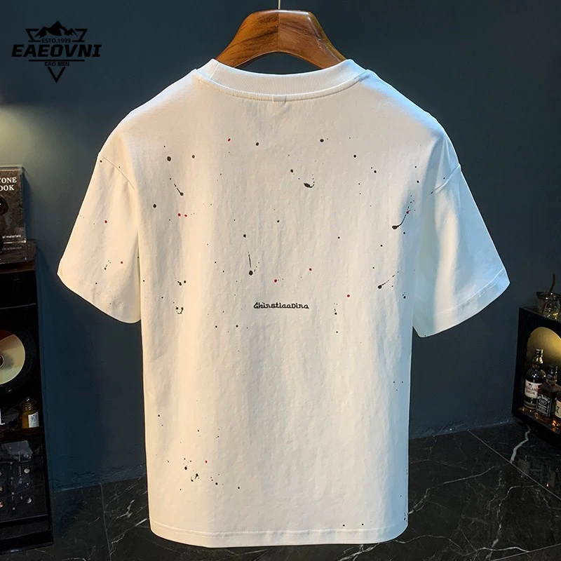 EAEOVNI潮流泼墨T恤短袖男夏季薄款圆领大码透气汗衫高支高密绣