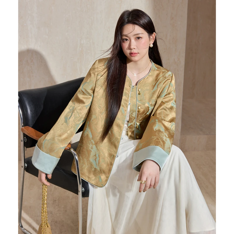 蓝语大码女装2025唐装提花长袖秋季厚款上衣常规款休闲气质时尚