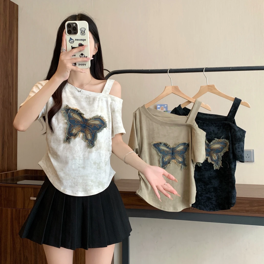 2025夏季新款大码女装扎染蝴蝶贴片露肩T恤上衣 3289