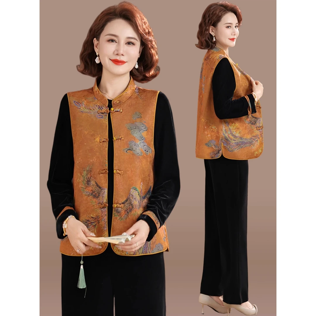 妈妈秋装套装2025新款阔太太中式国风唐装上衣中老年女春秋三件套