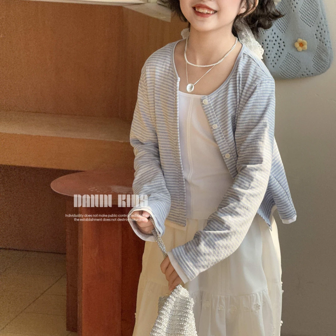 【嗒囜】女童25春季新款韩版单排扣长袖小衫百搭短款条纹休闲上衣