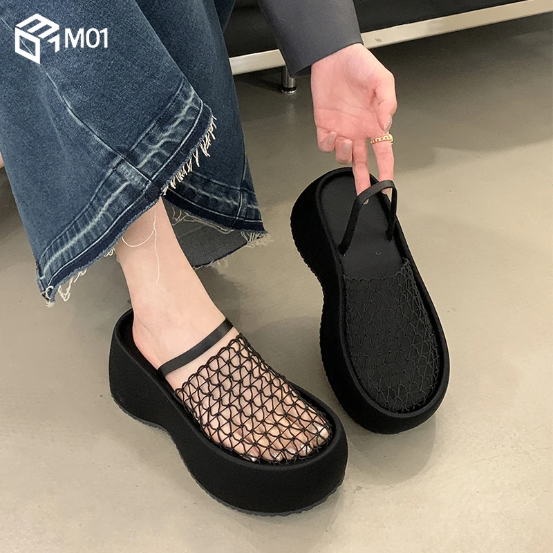 M012025夏时尚设计感网面透气包头半拖厚底松糕鞋凉拖外穿高级感