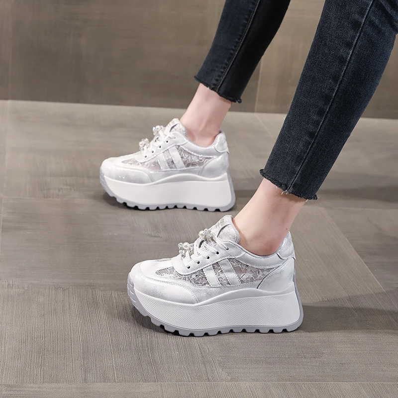 【增高10CM】厚底小个子网面透气阿甘老爹鞋女2025春夏季新款蕾丝休