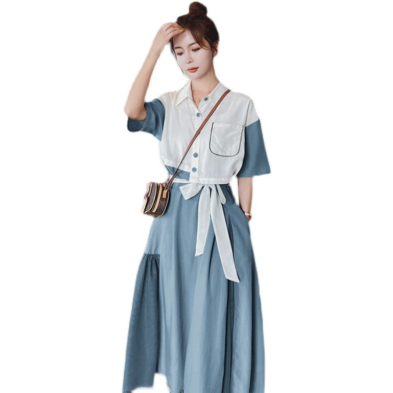 法式连衣裙赫本风显瘦2024长裙子新款衬衫裙实拍短袖女气质拼色夏