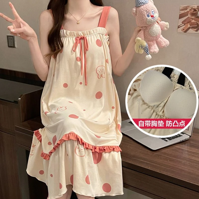 带胸垫吊带裙夏季女纯棉睡裙性感睡衣公主风少女睡裙家居服夏季