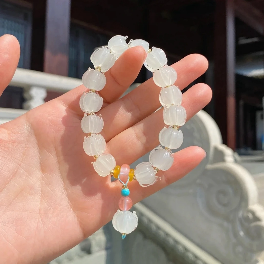 非金属珐琅手链 新款琉璃冰清白莲花新中式女款手链串珠手饰