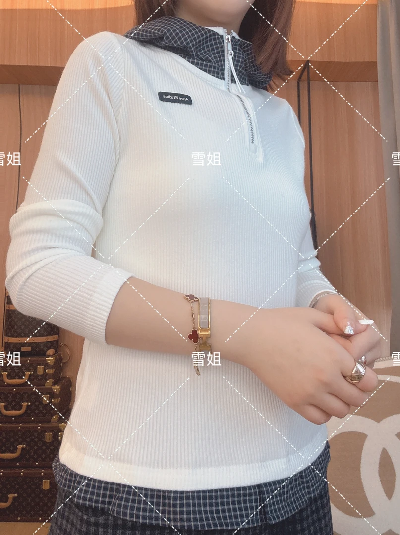 雪姐服饰「序格帽衫」韩系撞色半拉链连帽长袖早秋新款时尚显瘦上衣