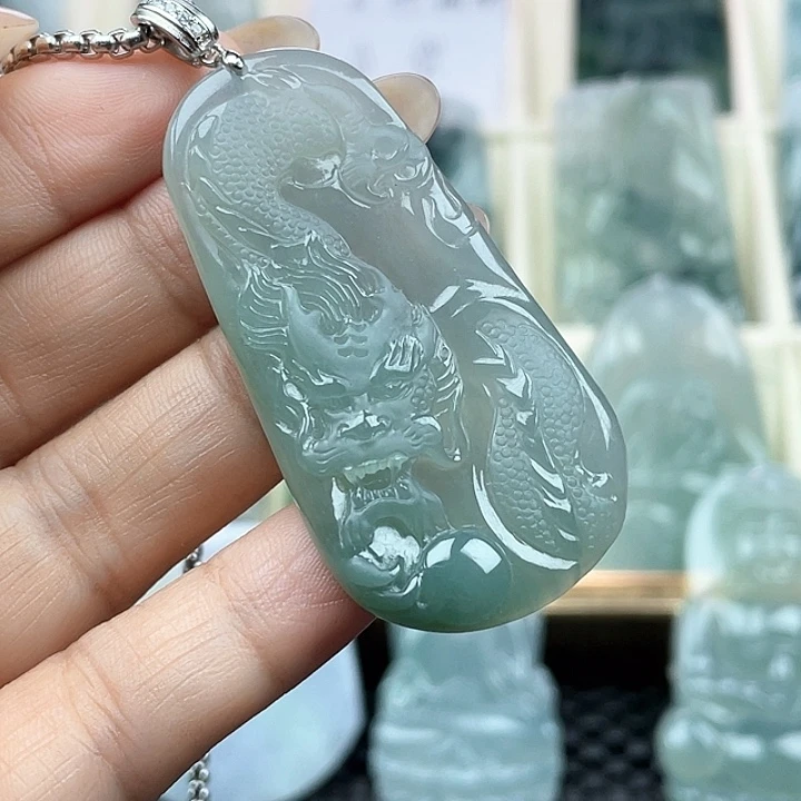 颈饰银S925镶嵌翡翠天然翡翠龙牌