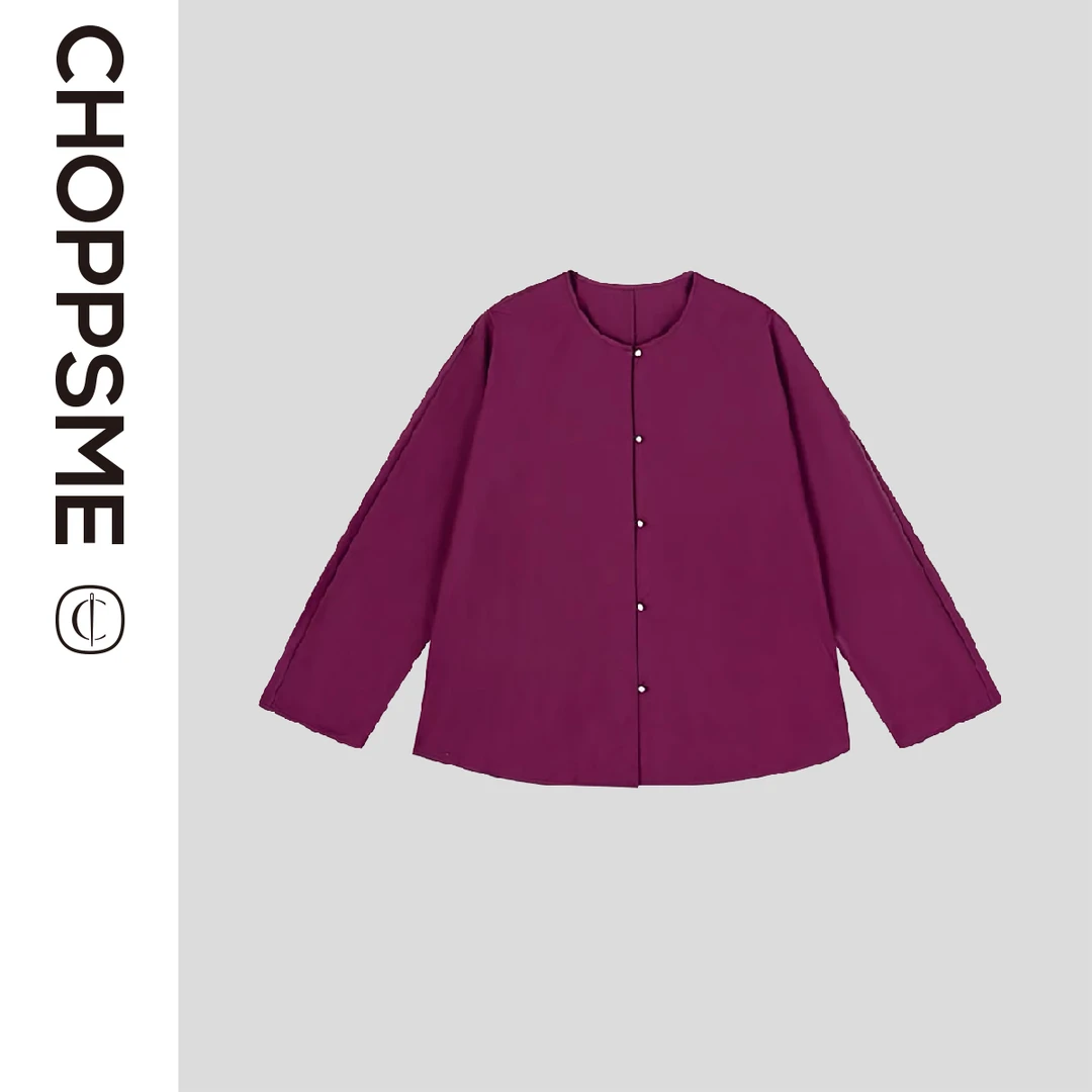 巧珀思｜17343JUE美紫棠色极简优雅新中式府绸棉珍珠扣圆领衬衫