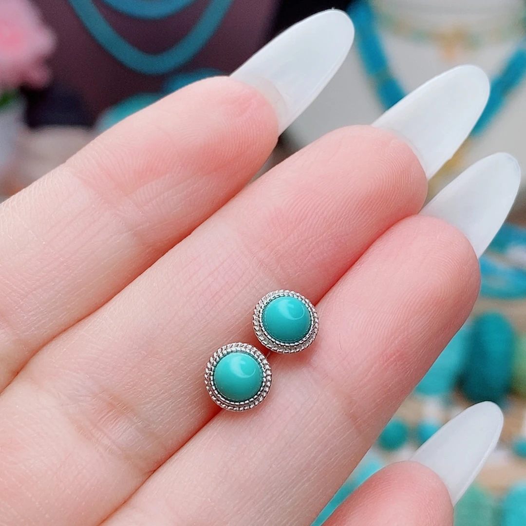 绿松石银S925镶嵌高瓷绿精品耳钉