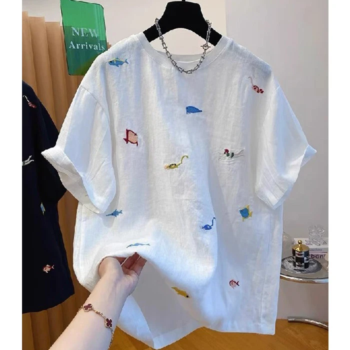 大码女装设计感刺绣棉麻短袖t恤夏新款欧货胖MM宽松减龄240斤上衣