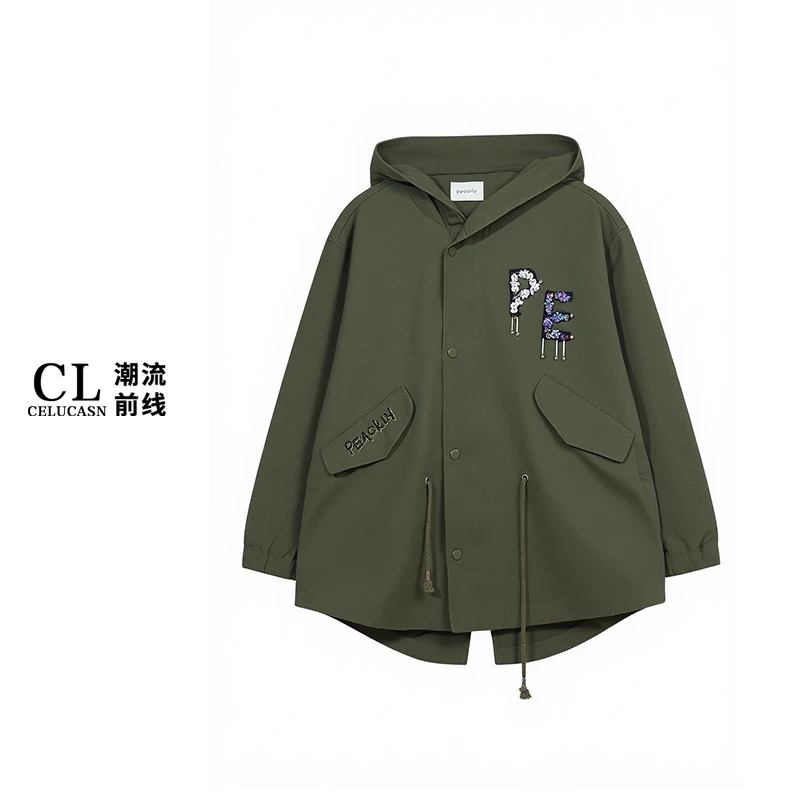 K8BB8172#秋季女士薄款连帽刺绣拼接中长款纯色简约风衣上衣