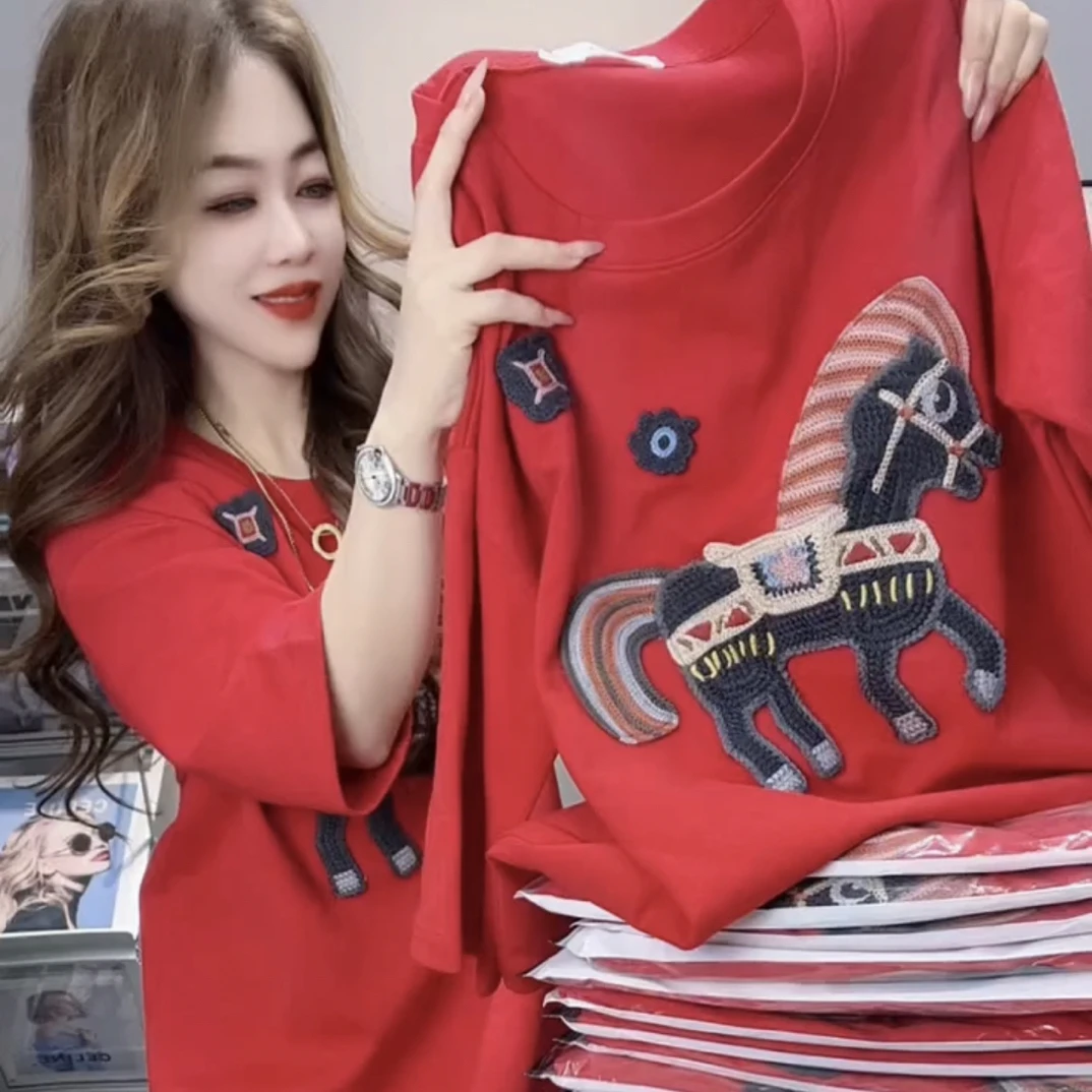 红色马年刺绣短袖T恤女宽松显瘦百搭新款中长上衣