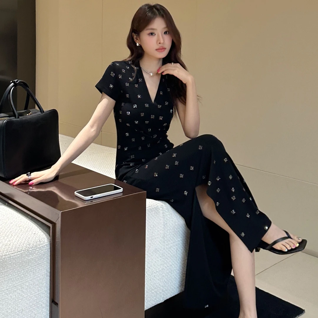 夏季鎏金极光V领烫钻开衩显瘦气质连衣裙复古-S45001