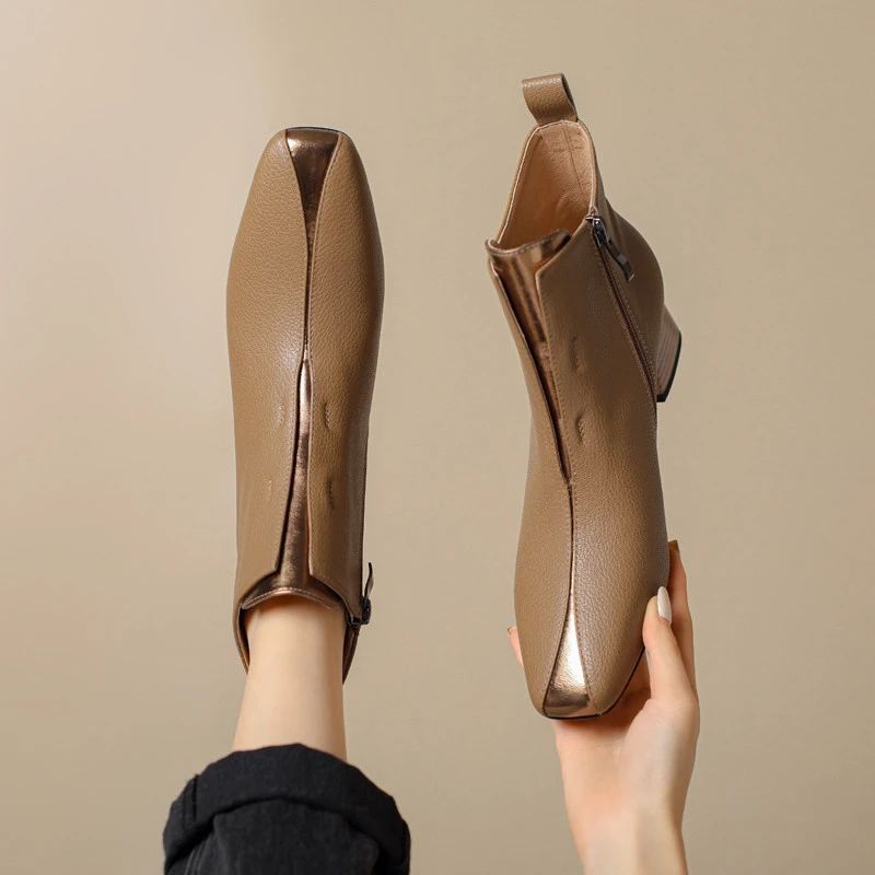 羊皮方头短靴女粗跟小皮靴秋季新款时尚拼色短筒侧拉链中跟女靴子