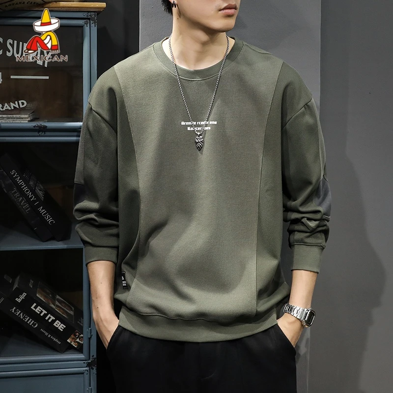 Mexican/稻草人春季重磅撞色圆领卫衣男款宽松休闲运动百搭上衣潮