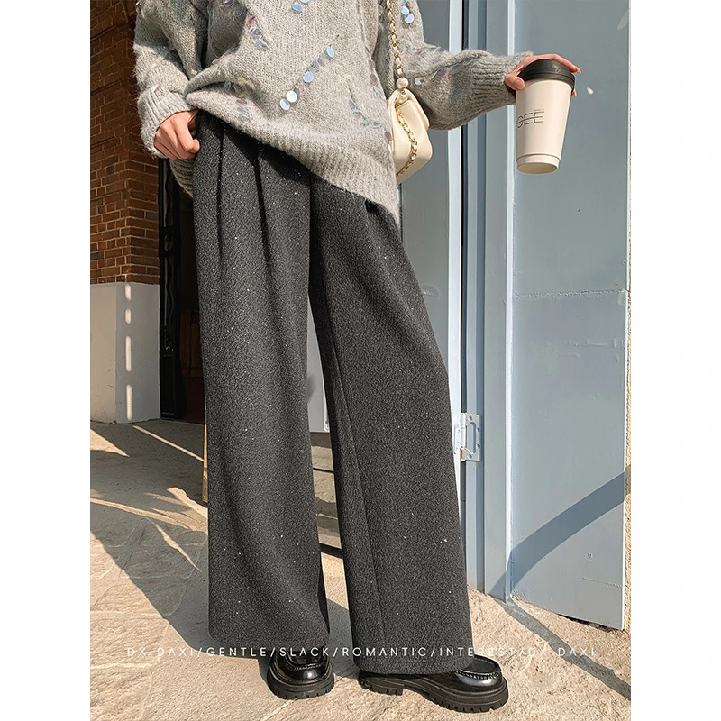 代大喜【格雷千金】精致气质慵懒亮闪灰色直筒裤新款简约高腰休闲裤