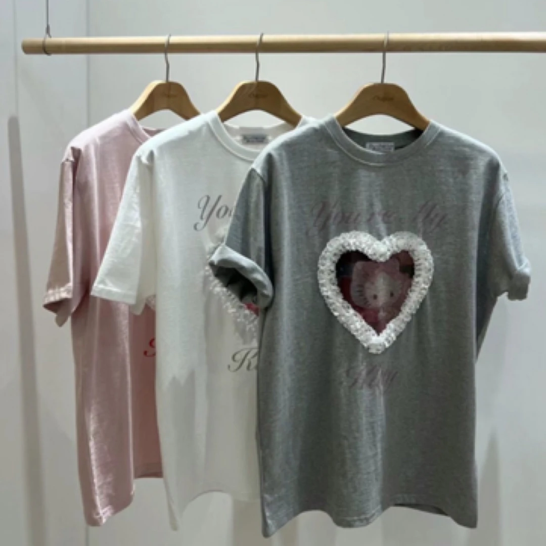 韩国2025春夏短袖T恤爱心蕾丝