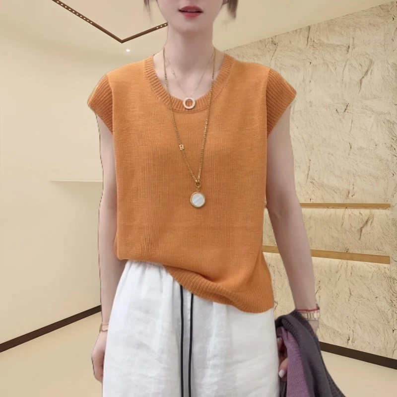 2025夏季洋气短袖宽松型针织衫纯色圆领T恤复古无袖宽松显瘦上衣