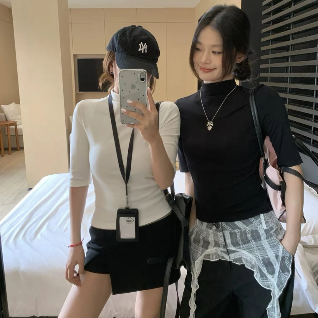秋夏新款白色小高领纯欲风修身显瘦内搭打底衫五分袖中袖上衣T恤