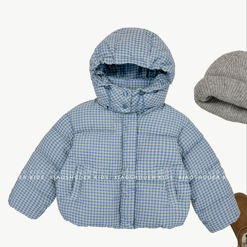 【Umi现货】男女童冬季韩系蓝格纹双倍加厚保暖日常连帽棉服MPG5463