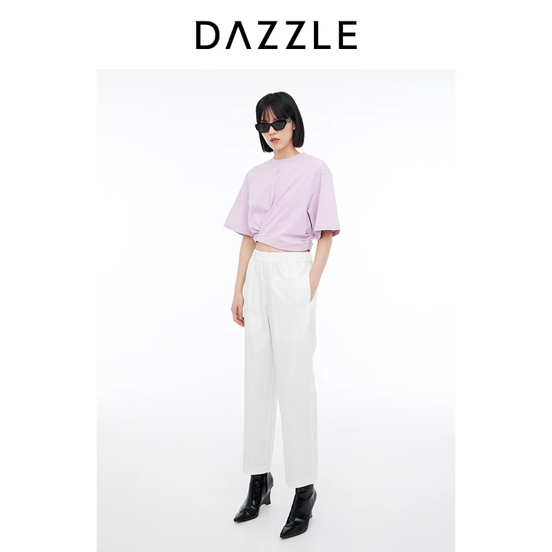 专选【上新】DAZZLE地素奥莱T恤款女装褶饰中袖短款上衣2I2B313