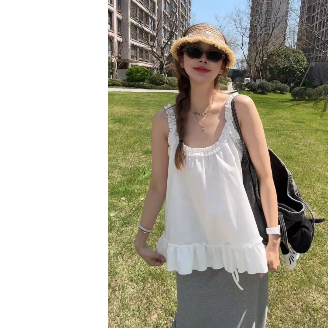 墨迹姐 高个子微胖”叠穿神器"纯欲风木耳花边抽褶宽松无袖吊带