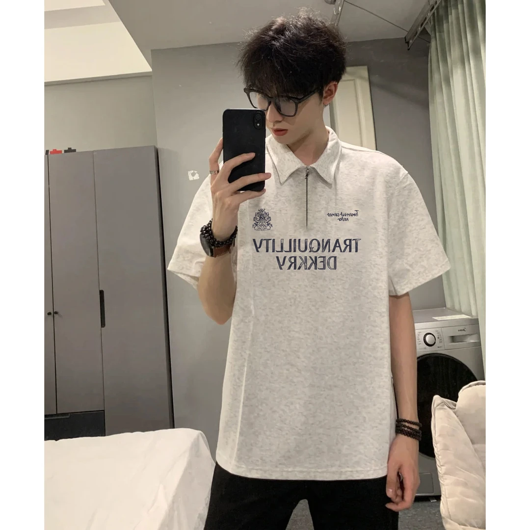 100%纯棉美式简约潮流字母印花短袖Polo衫T恤男女夏百搭翻领上衣