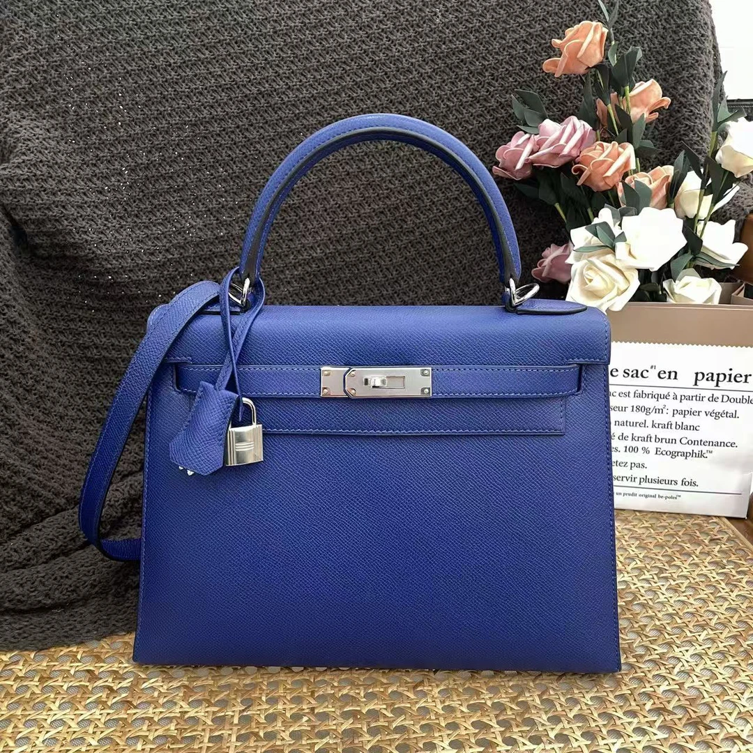95新 Hermes/爱马仕 kelly 28 框R e皮 电光蓝手提包xx0919a2