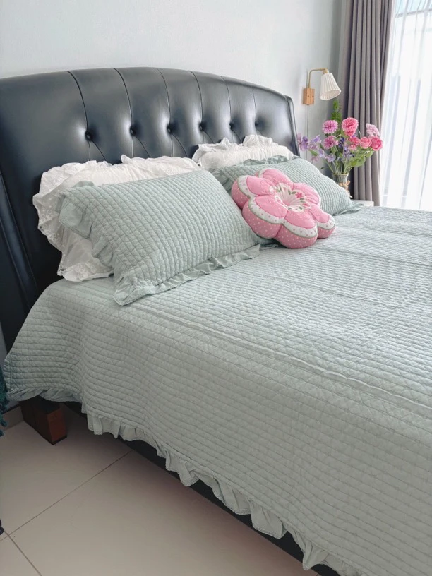 【暖春】米朵糯叽叽植物染色砂洗蕾丝花边床盖三件套/多功能被套